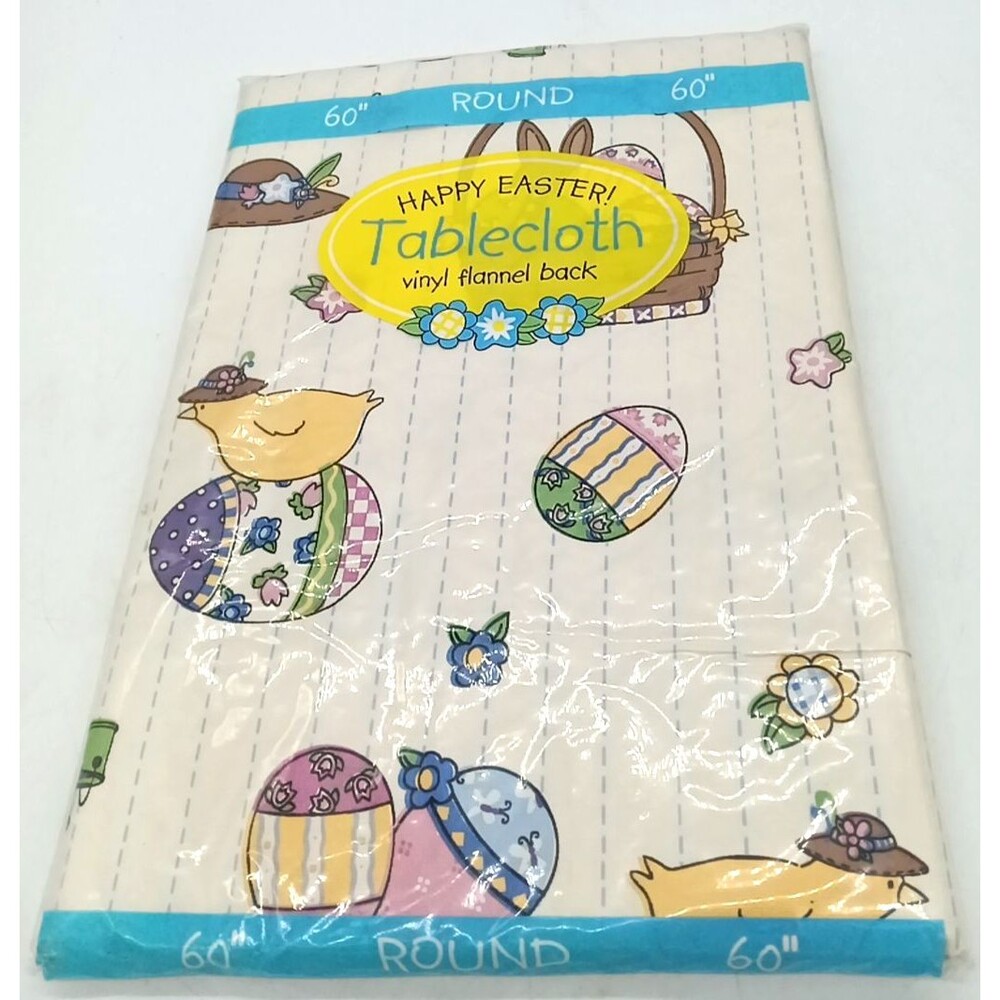 Happy Easter Vinyl Flannel Back 60" Round Tablecloth  Bunnies Eggs Basket New